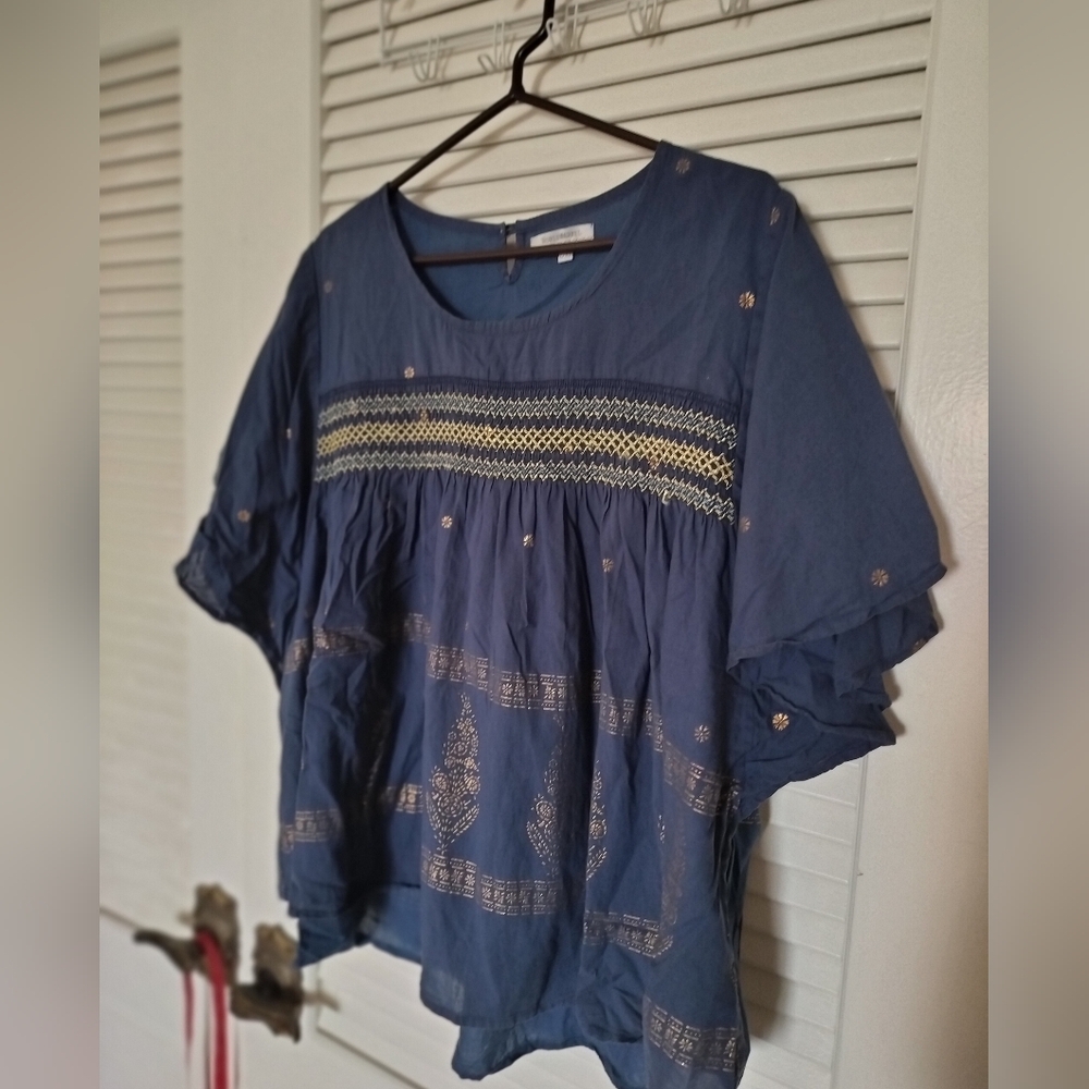 World Market 100% Cotton Blue Boho Top With Gold Embroidery L/XL Made In India